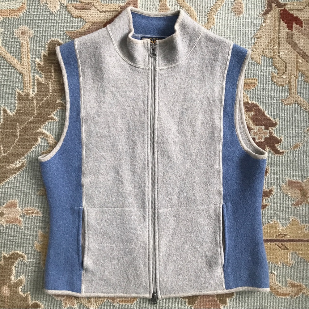 WOOLRICH 100% Wool Stone Gray/Blue Vest Full Zip w/ Pockets Women’s Sz Large EUC